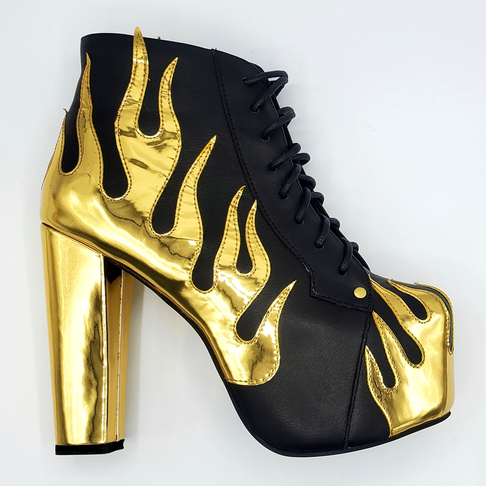 Jeffrey Campbell Black and Gold Flame Heeled Boots